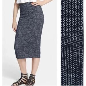 Free people Midi Skirt womens L Navy Blue Geometric Knit Stretch Coastal Witchy
